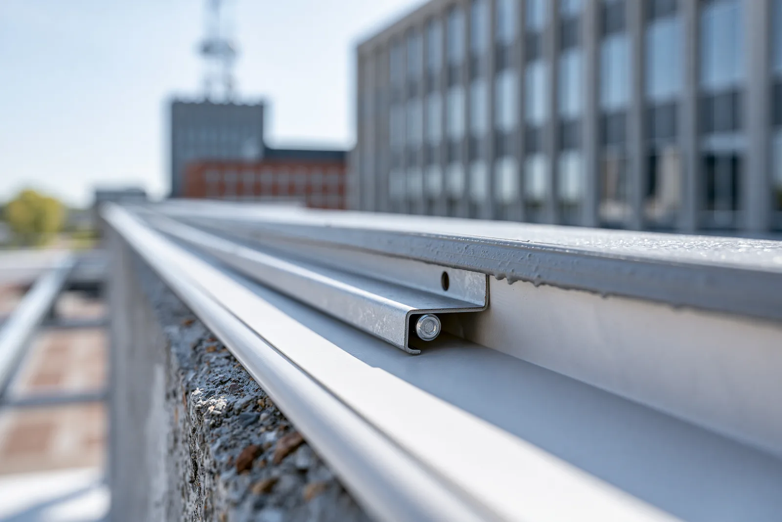 Close-up of a mounting rail clamp fastened to a rooftop parapet edge