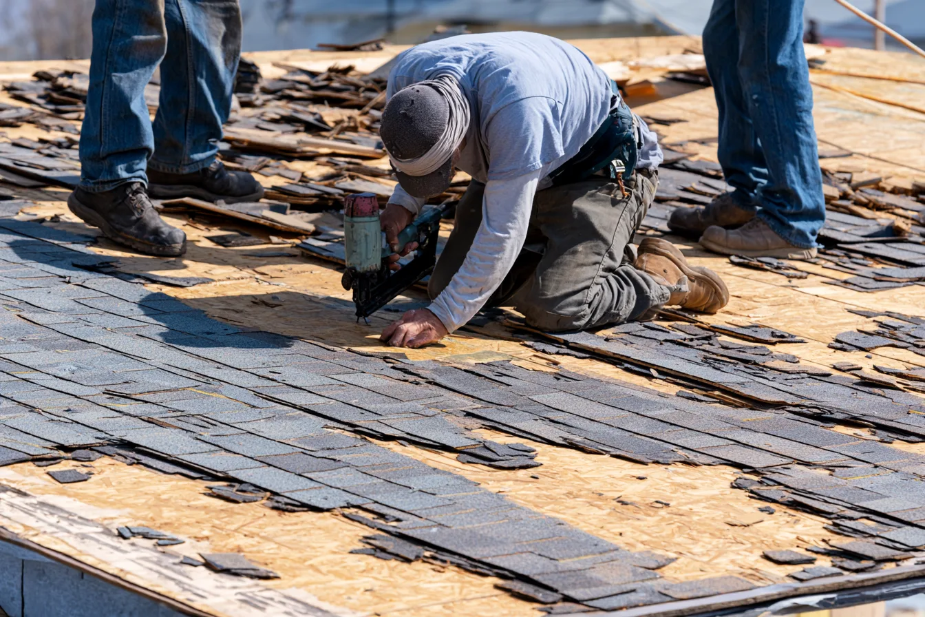 Roofer kneeling with a nail gun on partially stripped roof decking