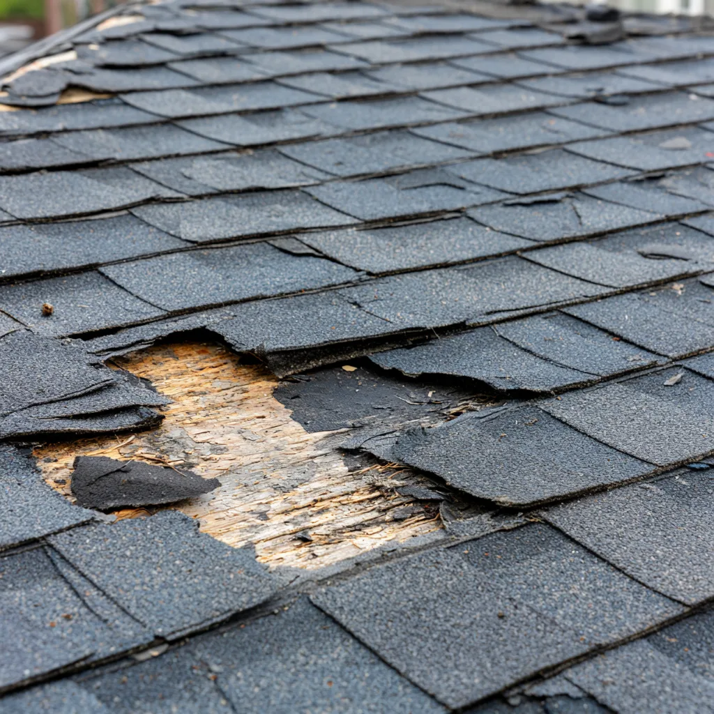 Hole in a shingle roof exposing bare wood and torn felt